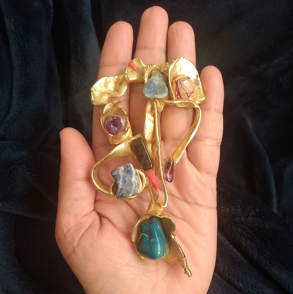 Huge Modernist Gold Plated Multicolored Stones Studded Pendant Brooch Vintage